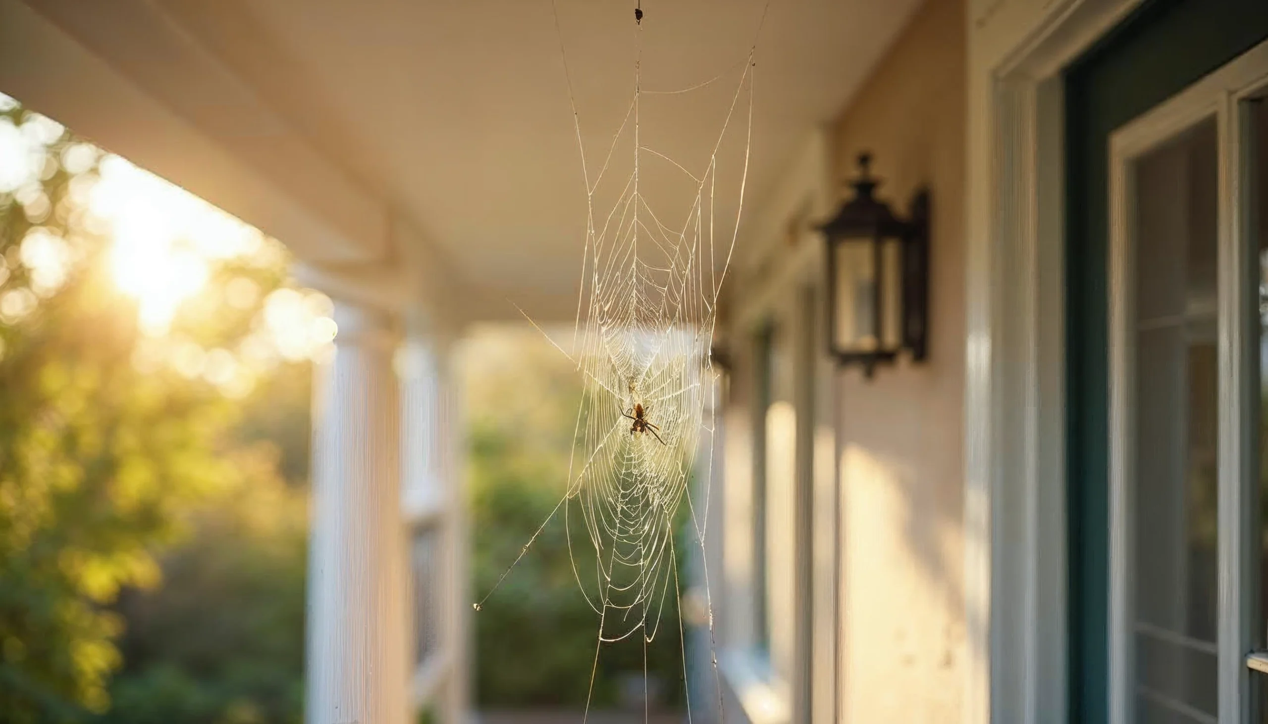 A close-up of a spider centered on an intricate web hanging from the ceiling of a sunlit porch. The background shows soft-focus trees and part of a house exterior with white pillars and a wall-mounted lantern, illuminated by warm golden-hour sunlight.