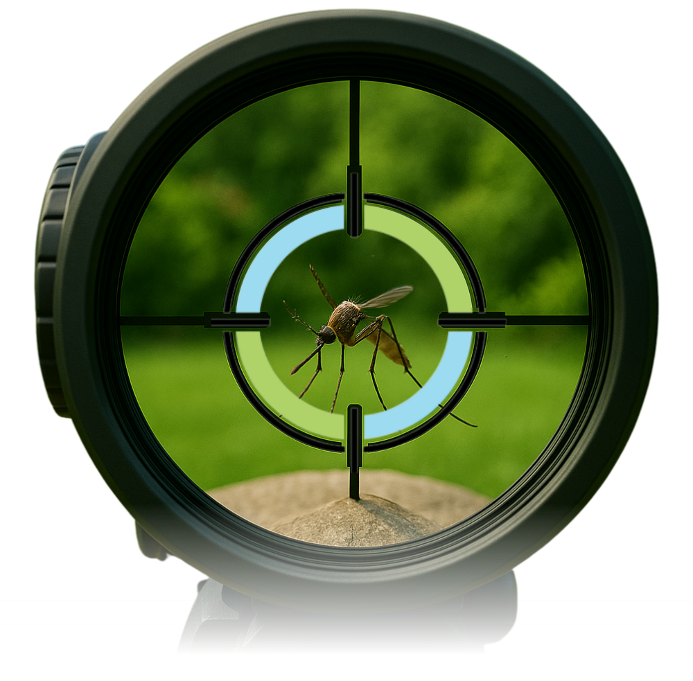 A close-up of a rifle-style targeting scope aimed directly at a mosquito, centered in crosshairs. The background shows a grassy area with greenery out of focus, symbolizing precision mosquito control or pest elimination.