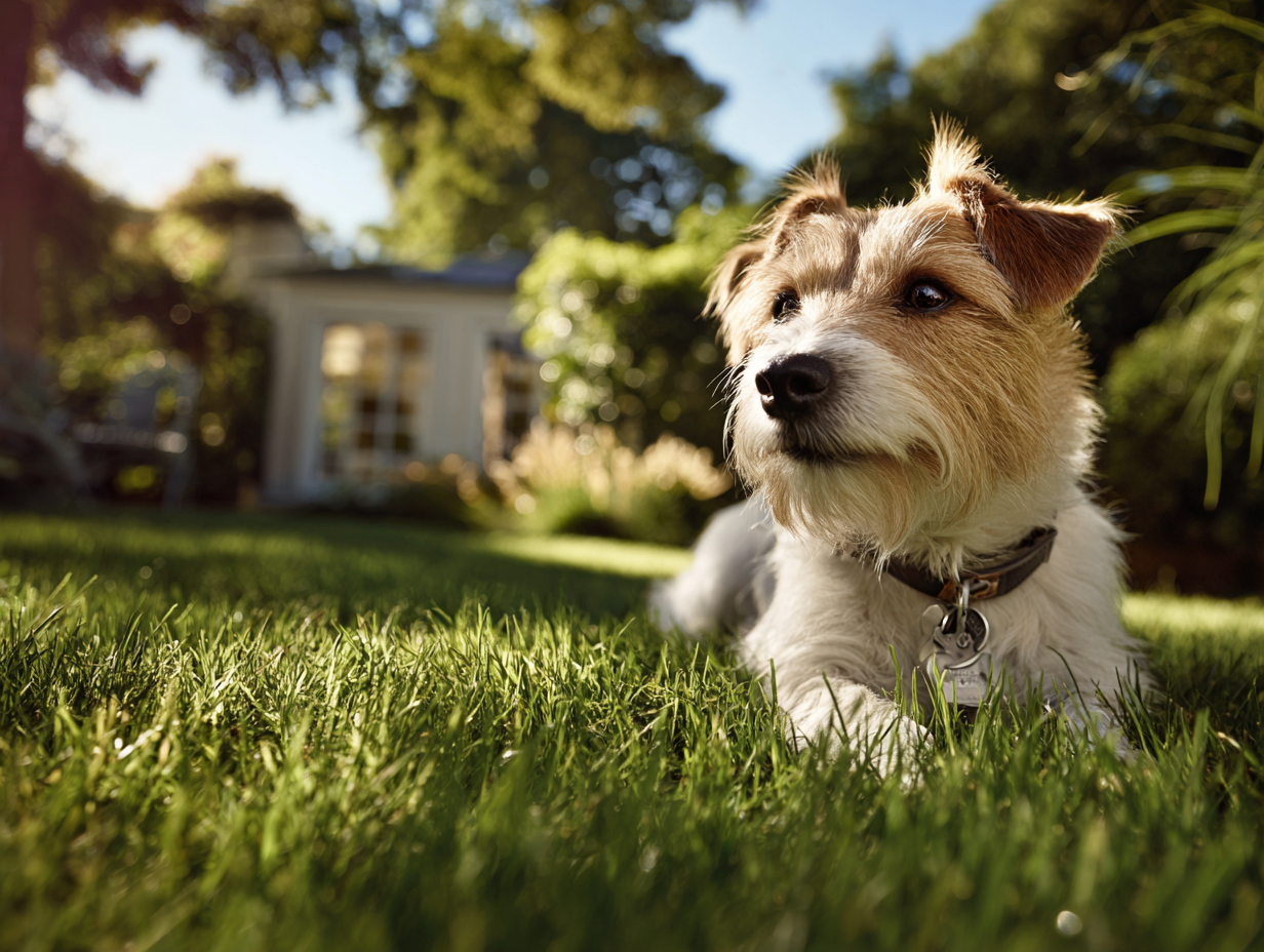 Small terrier dog lying in the grass on a sunny day in a backyard, with a blurred house and lush greenery in the background.