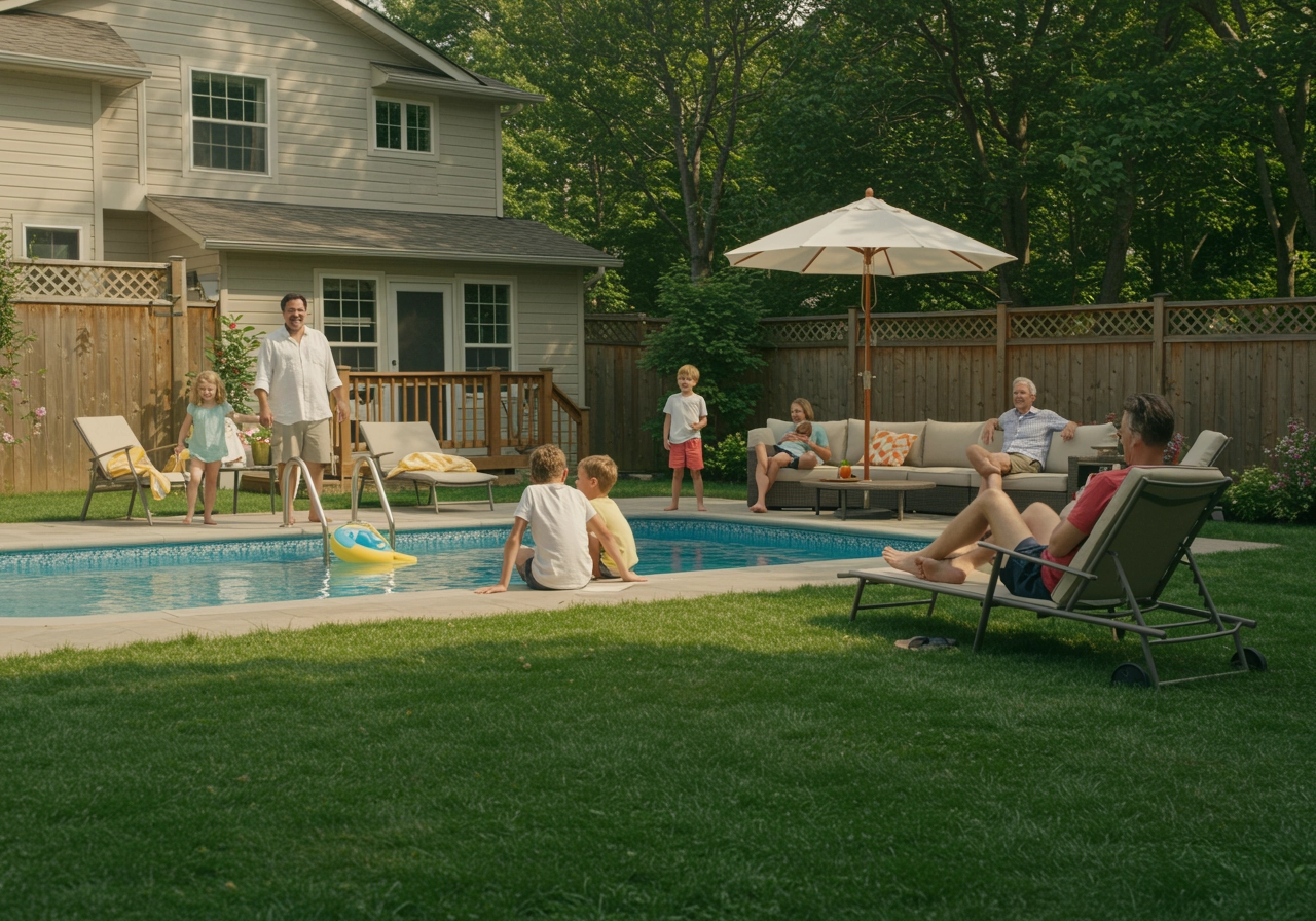 Multi-generational family relaxing in a backyard around a swimming pool on a sunny day, with children playing and adults lounging, showcasing a mosquito-free outdoor space.