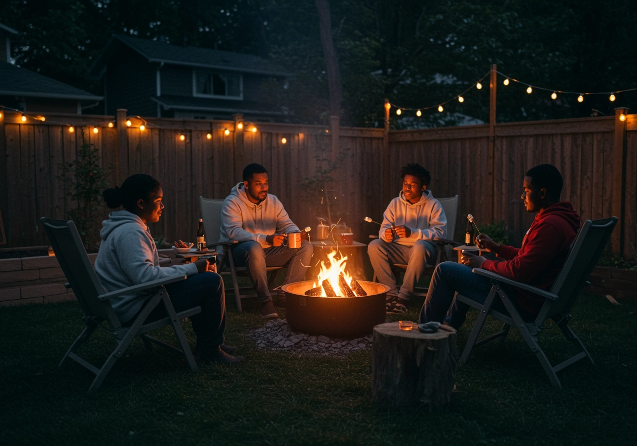 Group of friends or family gathered around a backyard fire pit at night, roasting marshmallows under string lights in a mosquito-free outdoor setting.