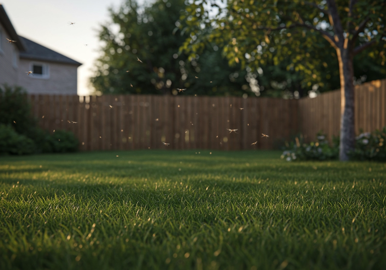 Close-up view of a backyard lawn with dozens of mosquitoes flying in the warm evening light, illustrating a mosquito infestation problem.