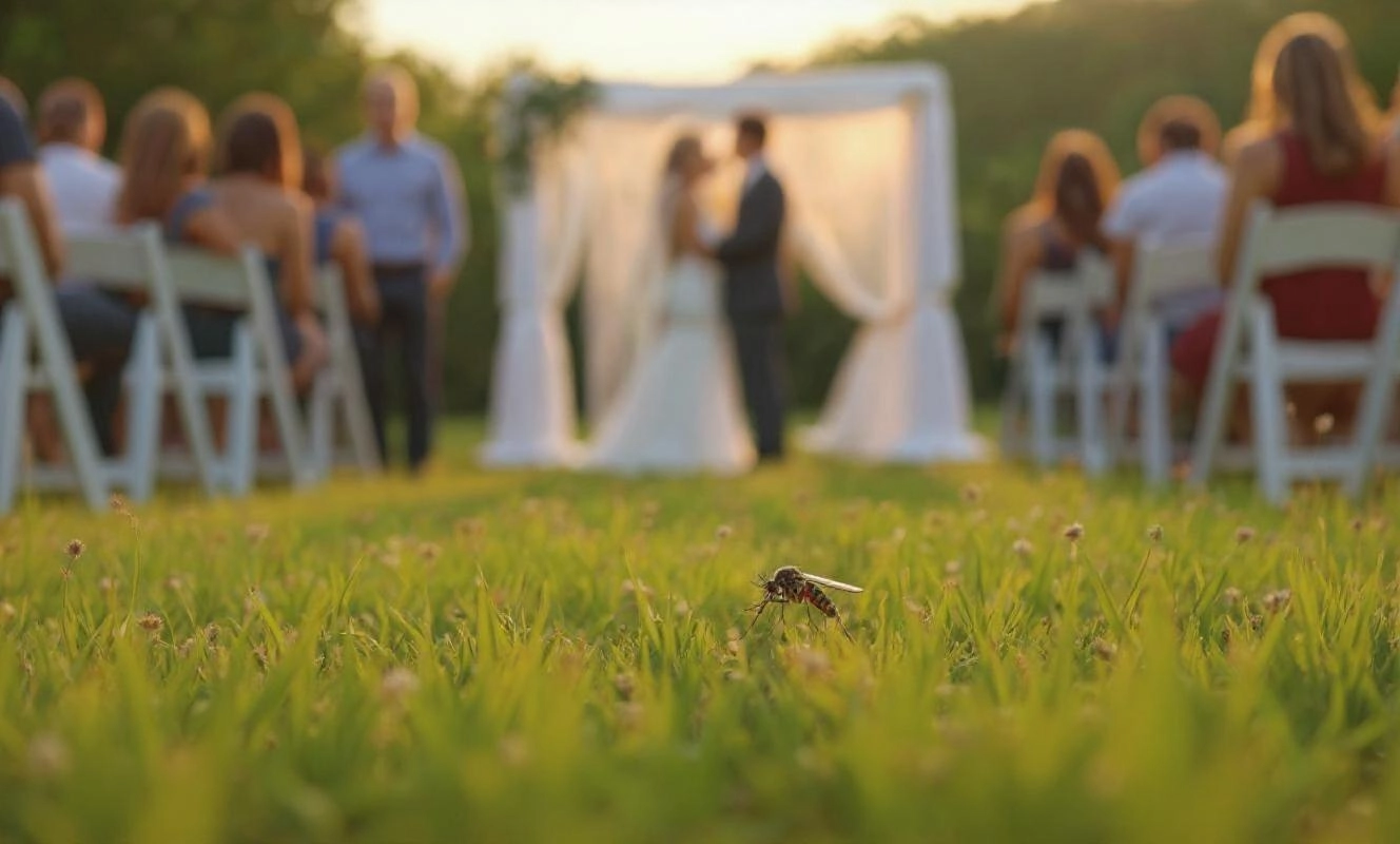 A close-up of a mosquito in the grass at an outdoor wedding ceremony. In the blurred background, guests are seated on white chairs facing a bride and groom standing under a white wedding arch, surrounded by trees and golden-hour sunlight.