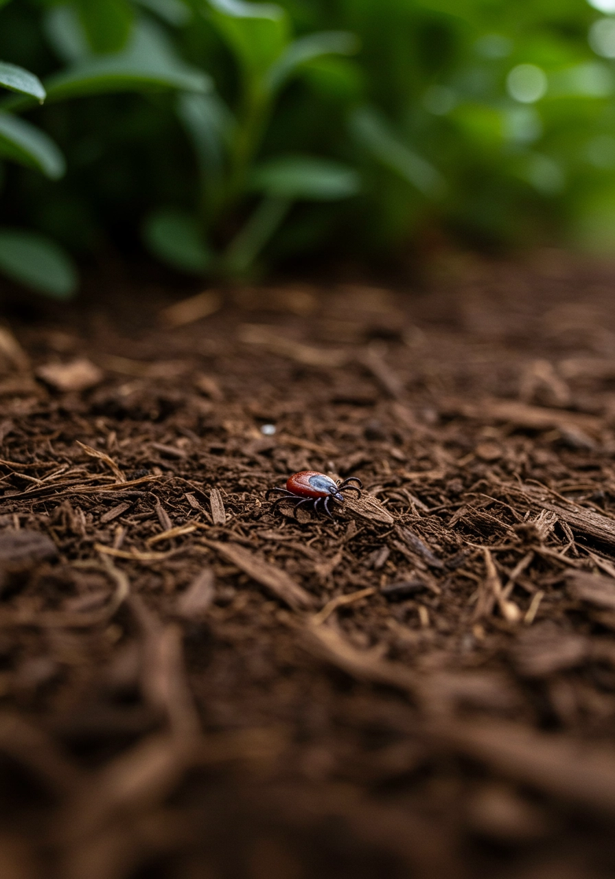A close-up macro photo of a tick crawling on brown mulch in a garden bed. The background is softly blurred with green leafy plants, emphasizing the detailed texture and colour of the tick in the foreground.