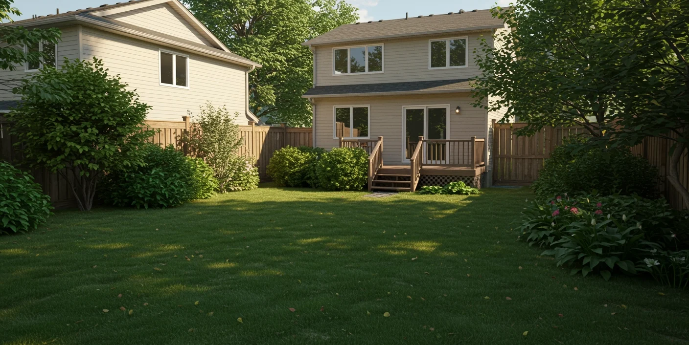Peaceful suburban backyard with lush green grass, mature trees, blooming shrubs, and a wooden deck attached to a beige two-storey home, bathed in warm sunlight.