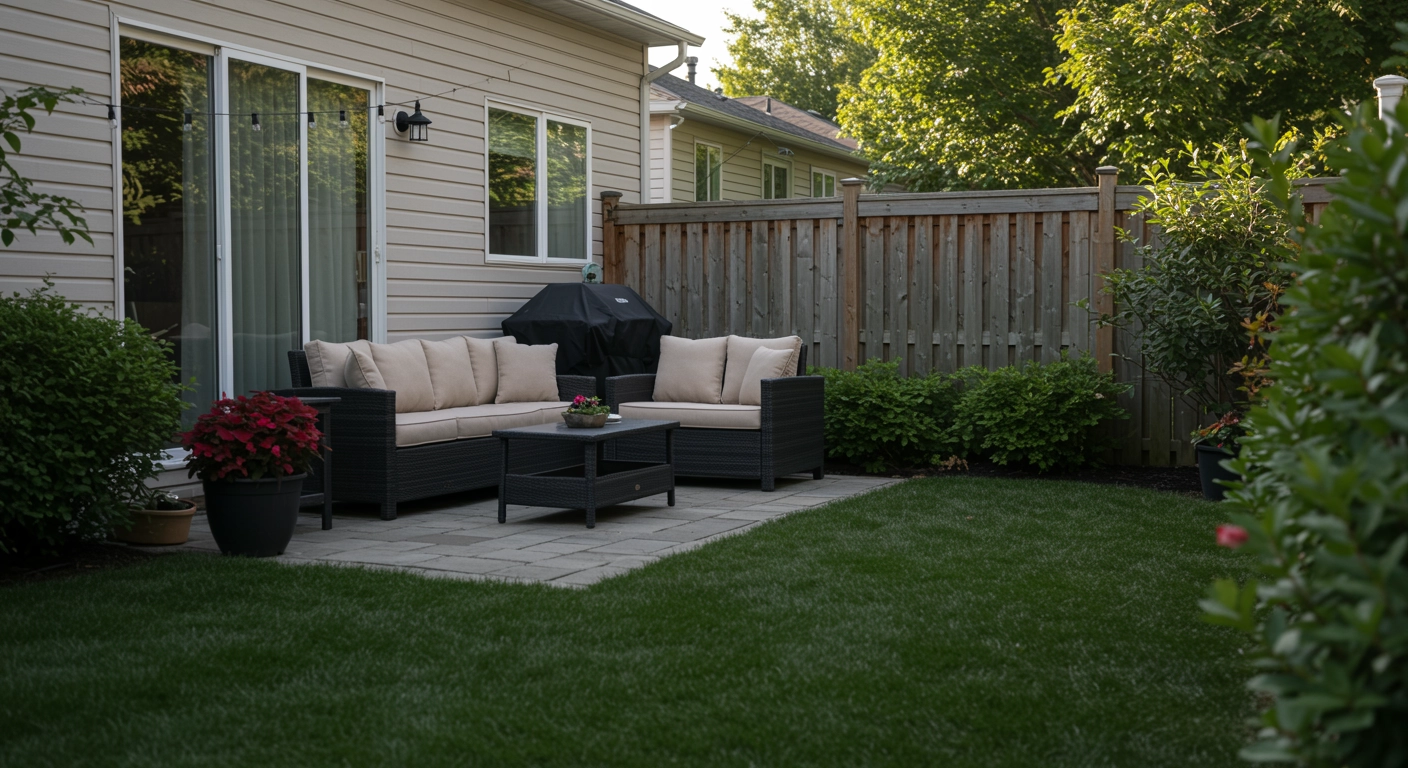 Peaceful backyard patio with beige cushioned seating, potted plants, and a BBQ grill beside a wooden fence, surrounded by lush green grass and foliage.