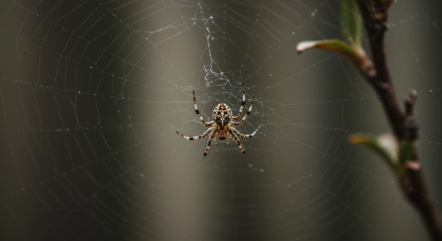 Close-up of a spider sitting in the centre of its web stretched between branches in a backyard garden, with a blurred fence in the background.