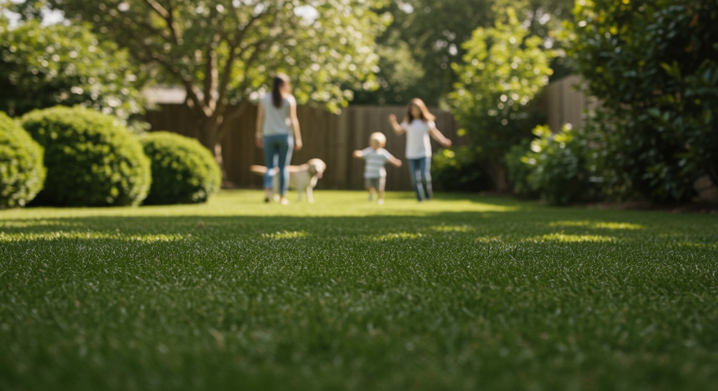 Close-up of a freshly mowed green lawn in a backyard with a blurred view of two women, a toddler, and a dog walking together in the distance on a sunny day.